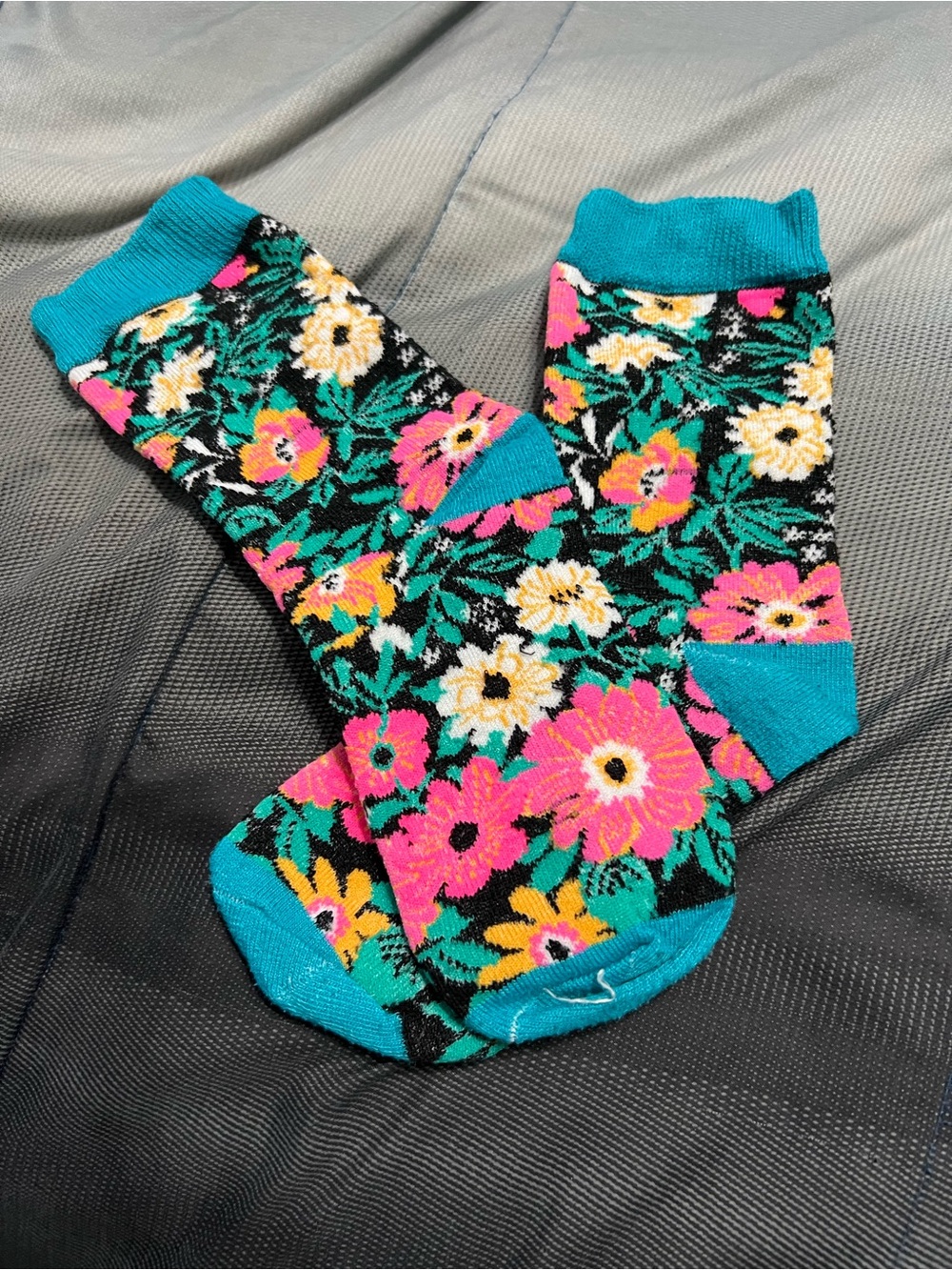 Floral Crew Socks in Black with Teal Accents